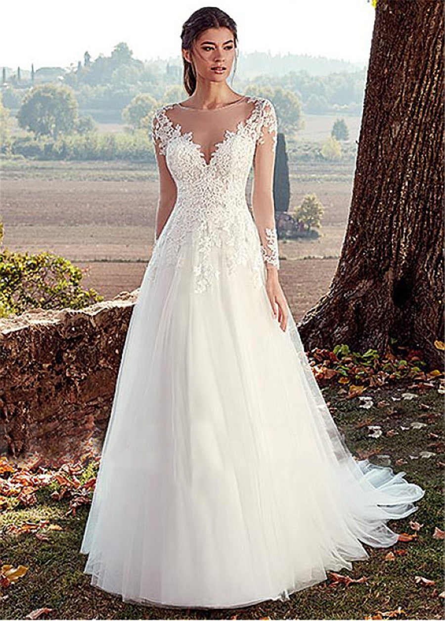 High U-neck Lace Long Sleeve A- Line Long Tail Simple Wedding Dress - kinko