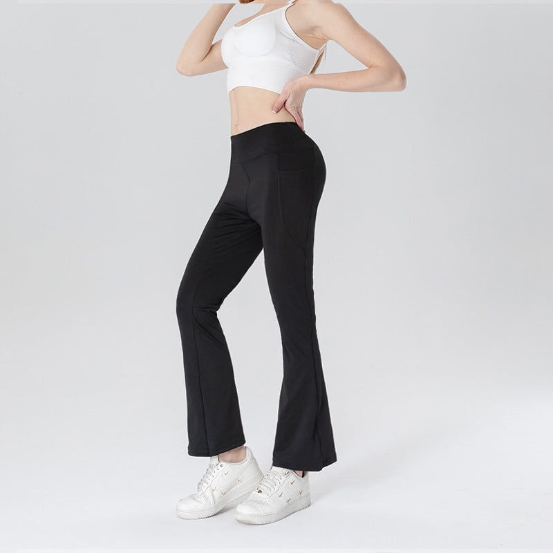Ladies Mid Waist Abdominal-shaping Slimming Cropped Pants Casual Pocket Bootcut Trousers - kinko