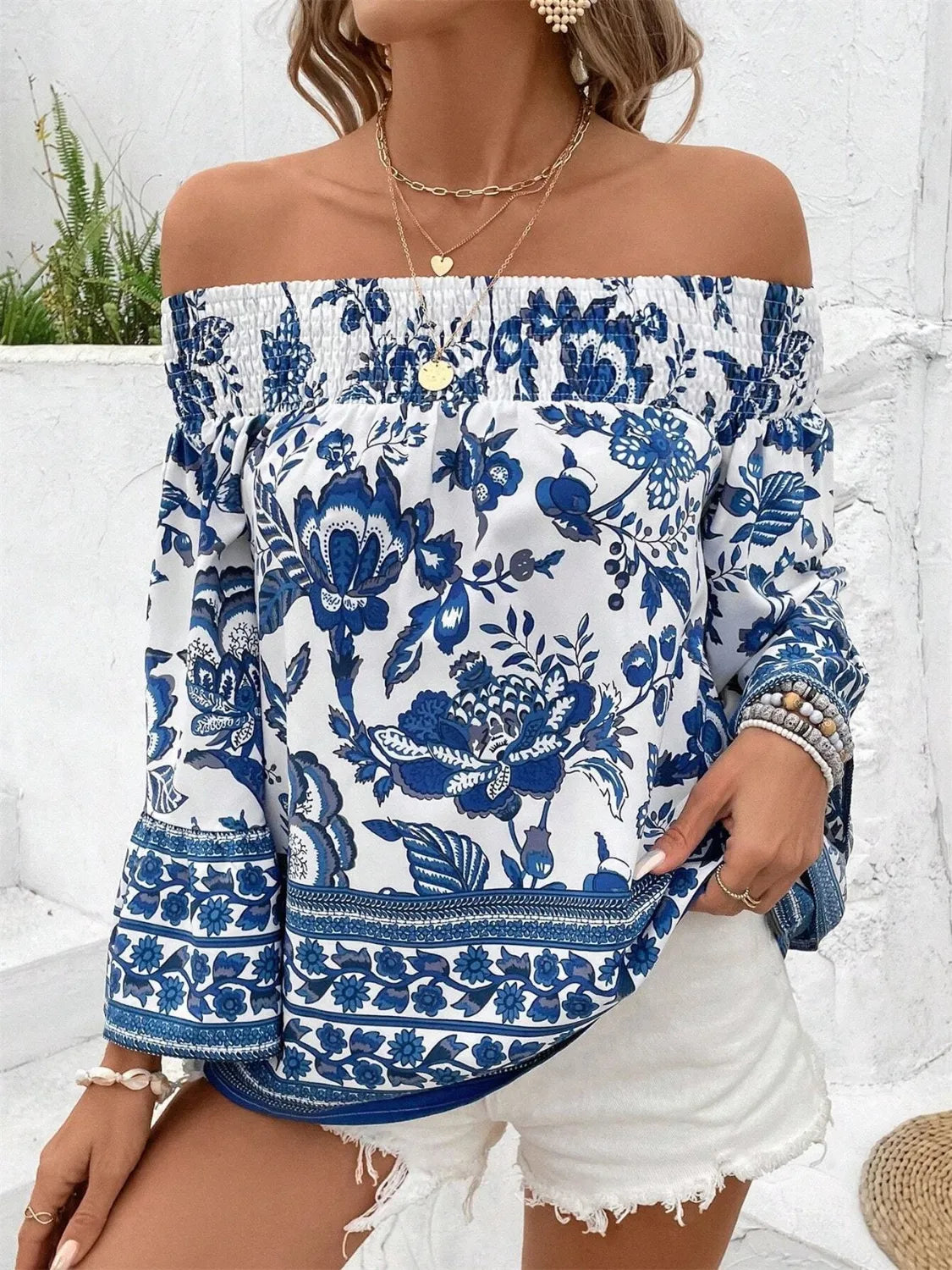 Smocked Printed Off-Shoulder Blouse - kinko