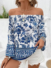 Smocked Printed Off-Shoulder Blouse - kinko