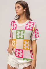 BiBi Flower Checker Pattern Lightweight Sweater Top - kinko
