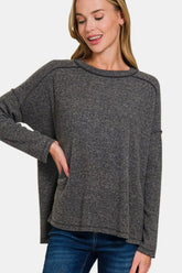 Zenana Full Size Exposed Seam Brushed Round Neck Sweater - kinko