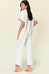 Double Take Full Size Texture Half Zip Short Sleeve Top and Pants Set - kinko