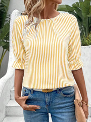 Striped Round Neck Half Sleeve Casual Blouse - kinko