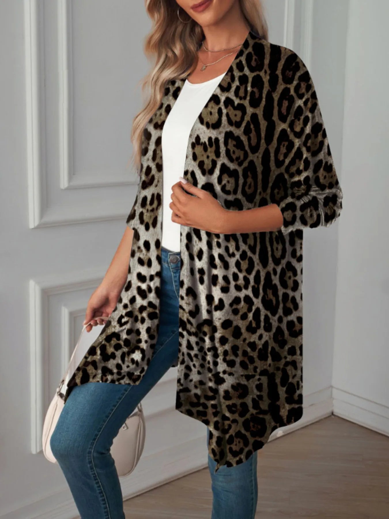 Leopard Print Long Open Front Cardigan - kinko