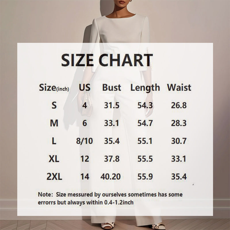 Women's Elegant Round Neck Jumpsuit - Mid-Sleeve With Side Slit Cuffs & Pearl Accents, Back Zipper Design For Casual To Formal Events - kinko