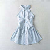 2024 Summer New Pure Desire Style Slim Fit Slimming Waist Pleating Sleeveless Shirt Dress Polo Collar Dress - kinko