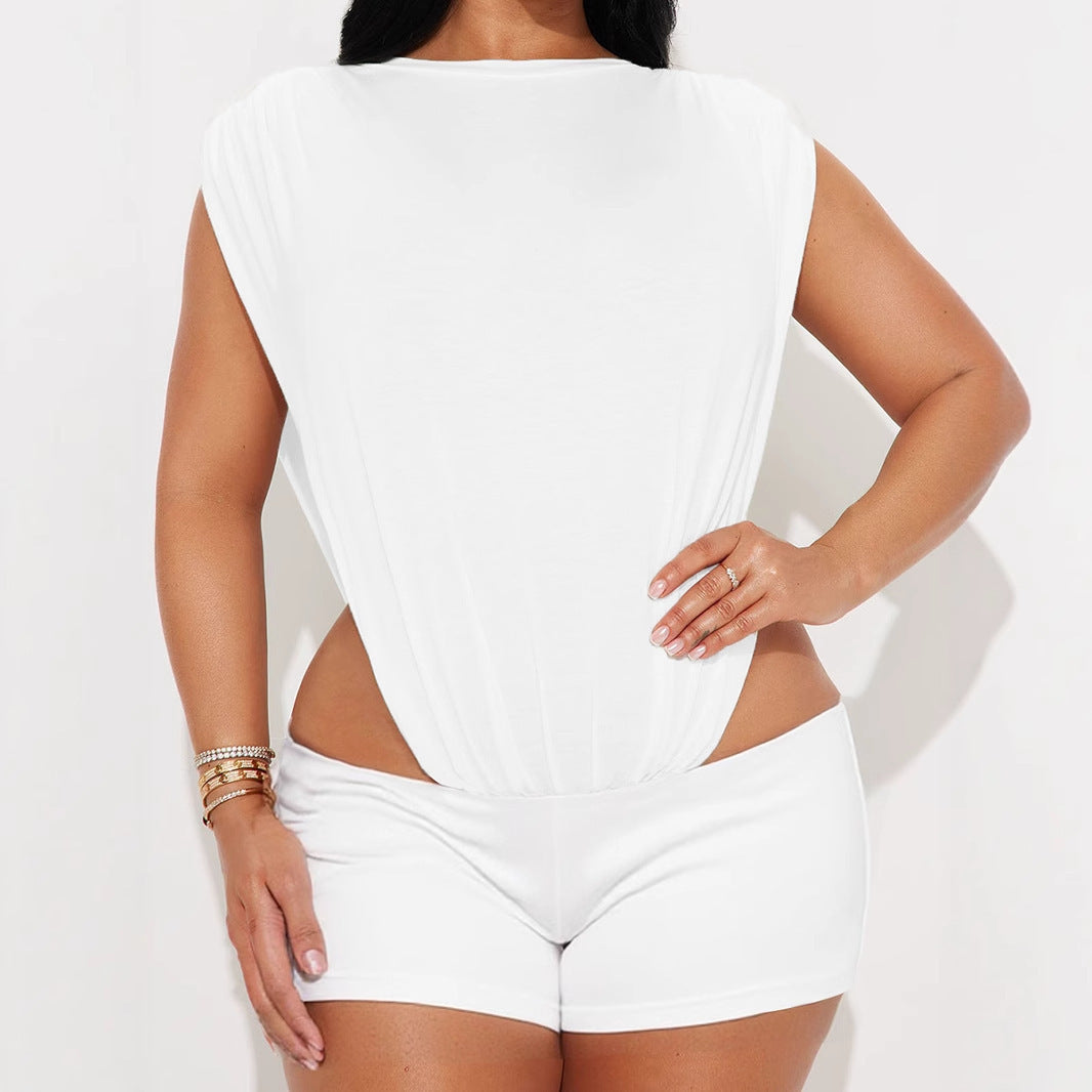 Women's Sleeveless Two-piece Hollow Siamese Top And Tight Shorts - kinko