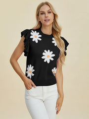 Double Take Full Size Ruffled Flower Round Neck Cap Sleeve Sweater - kinko