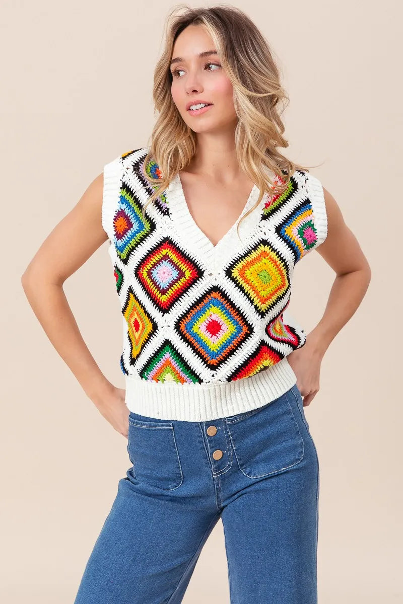 BiBi Diamond Granny Square Sweater Vest - kinko