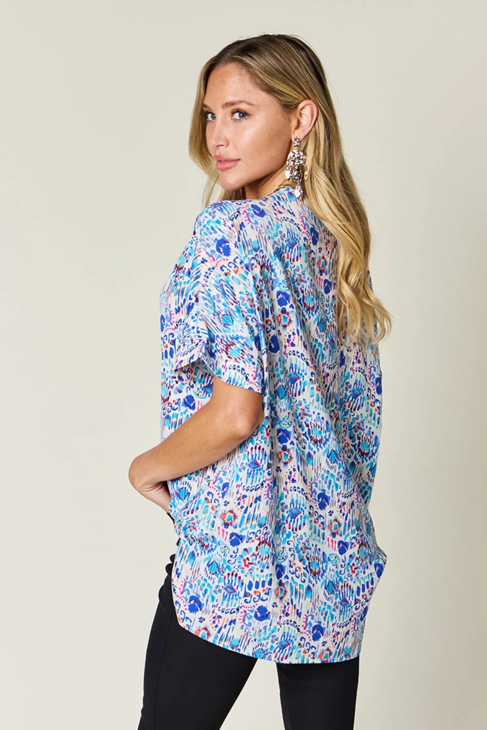 Double Take Full Size Printed V-Neck Short Sleeve Blouse - kinko