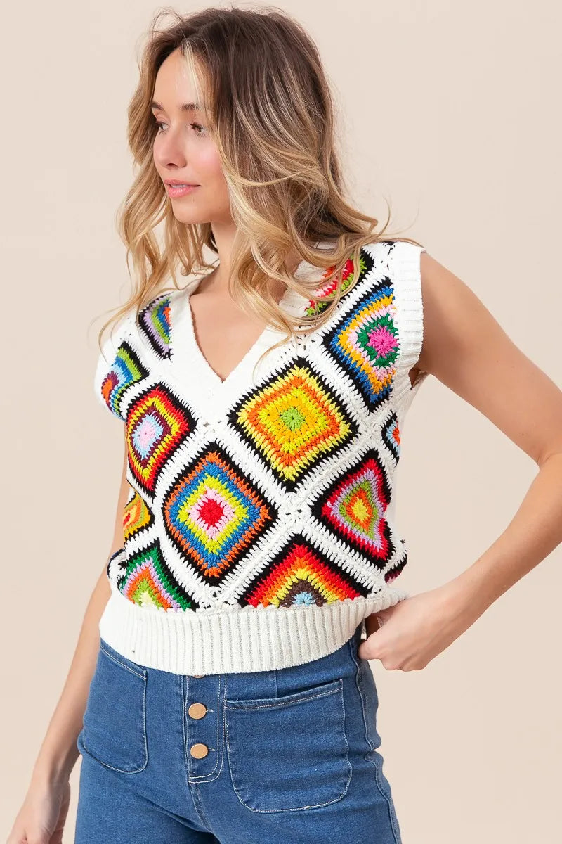 BiBi Diamond Granny Square Sweater Vest - kinko