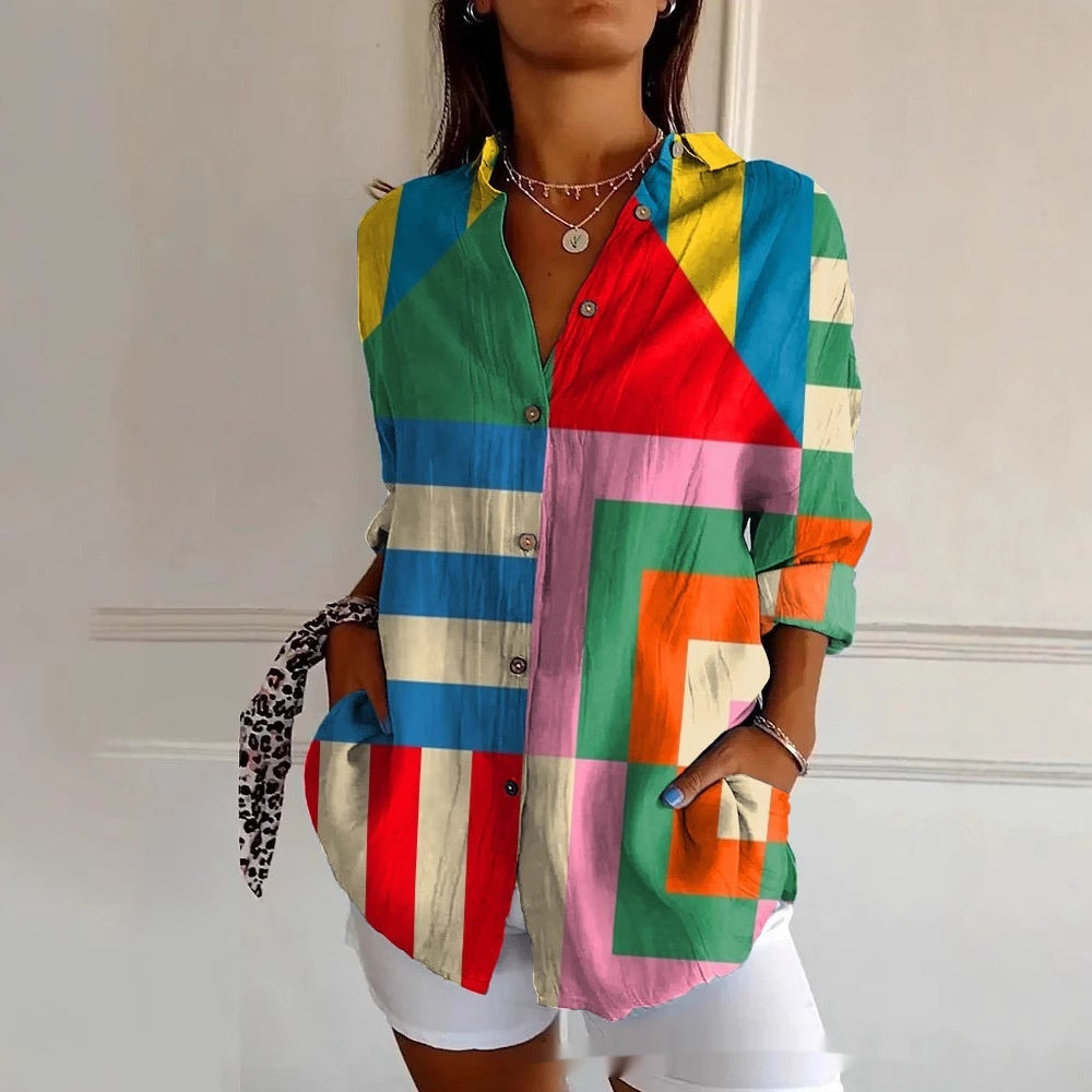 Striped Long-sleeved Shirt Women's Rainbow Cardigan Contrast Color Coat Lapel - kinko