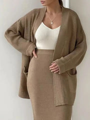 Pocketed Long Sleeve Cardigan and Skirt Sweater Set - kinko