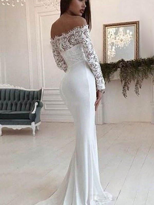 Fashion One Shoulder Lace Long Sleeve Dress Mopping Wedding Dress - kinko