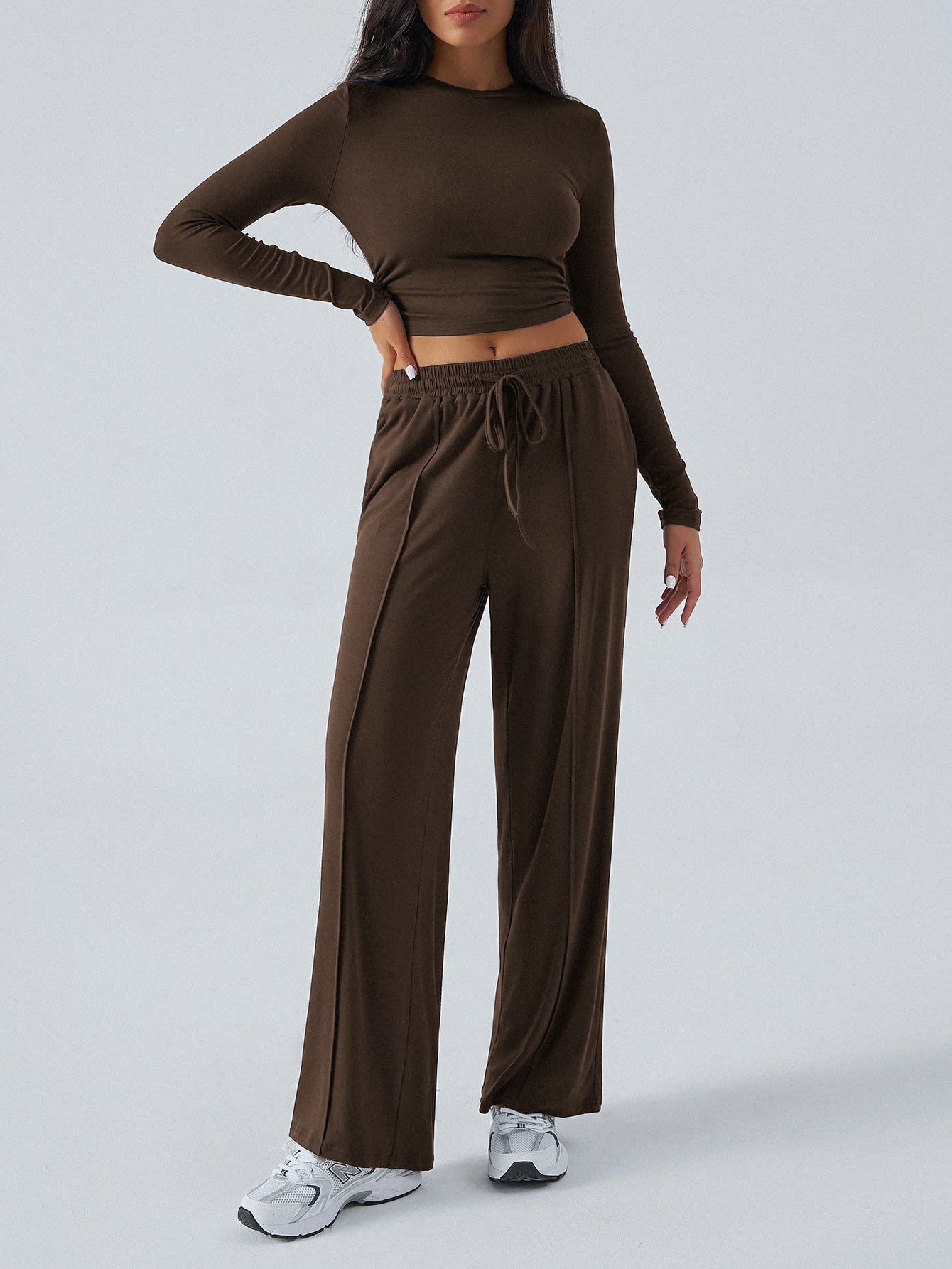 Tether Solid Color Waist Tight Fashion Wide Leg Casual Trousers Suit - kinko
