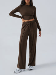 Tether Solid Color Waist Tight Fashion Wide Leg Casual Trousers Suit - kinko
