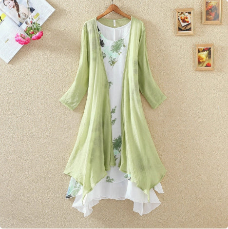 Long Sleeves Outer Match Shawl Mid-length Cotton And Linen Printed Irregular Dress - kinko