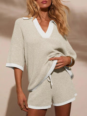Collared Neck Contrast Striped Top and Shorts Sweater Set - kinko