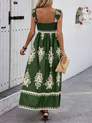 Smocked Printed Wide Strap Maxi Dress - kinko
