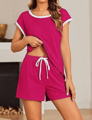 Short Sleeve Color-block Crew Neck Top Waist Drawstring Suit - kinko