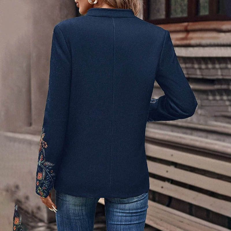 Women's Stand Collar Solid Color Floral Print Blazer Fashion Double-Breasted Fall & Winter Jacket - kinko