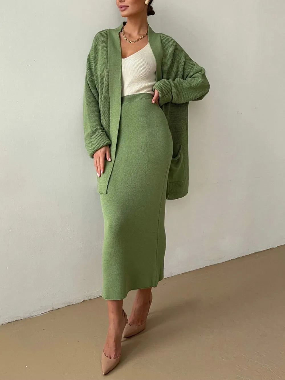 Pocketed Long Sleeve Cardigan and Skirt Sweater Set - kinko