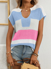 Color Block Notched Short Sleeve Knit Top - kinko