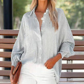Women's Casual Striped Long Sleeve Shirt With Button-Down Collar & Knit Cuff Detail - Classic Spring&Fall Blouse - kinko