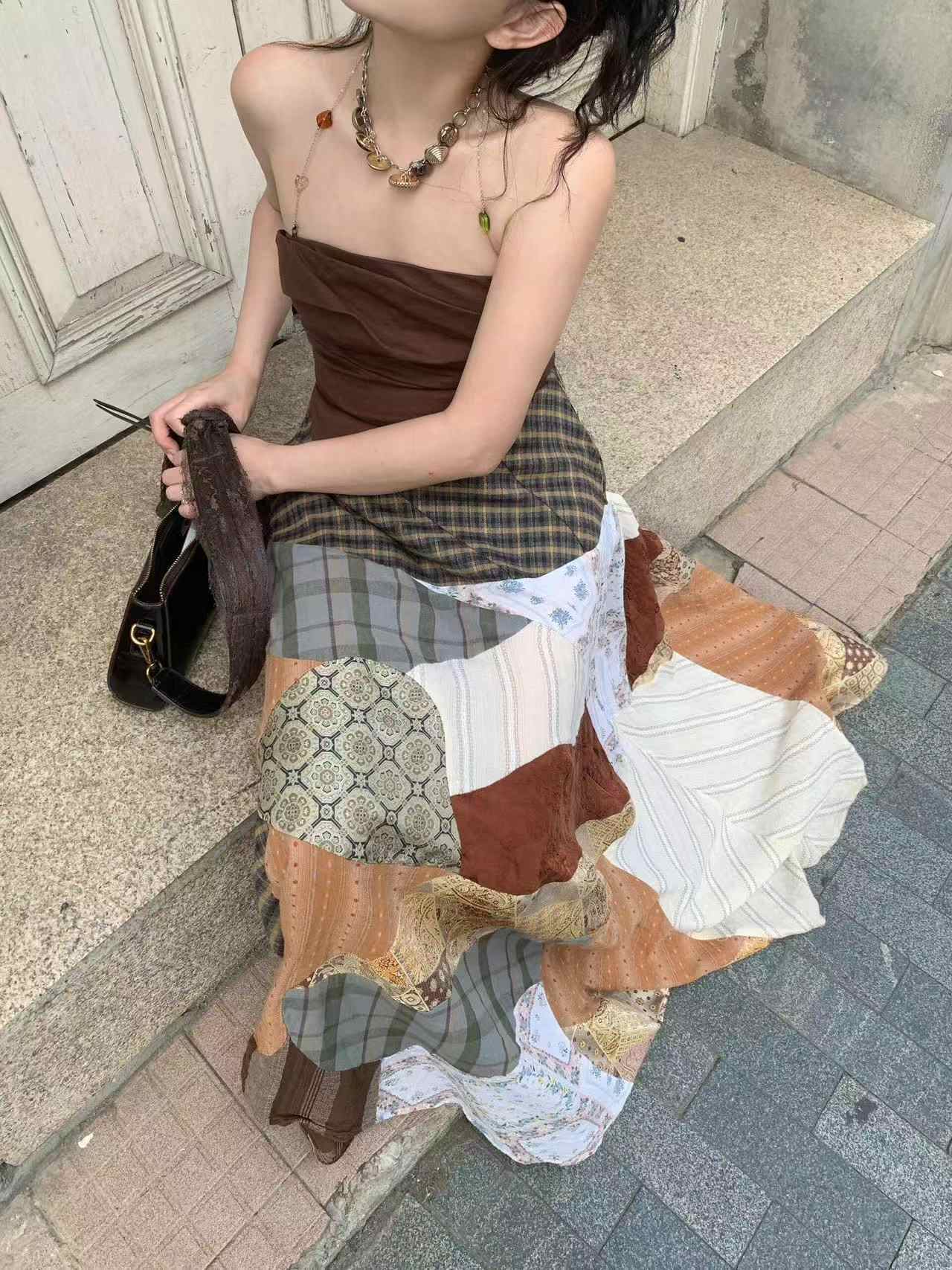 Women's Skirt Vacation Style Artistic Stitching Long Wild Skirt - kinko