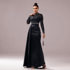 Long Sleeve Slim-fit Sheath Pearl Banquet Fishtail Evening Dress - kinko