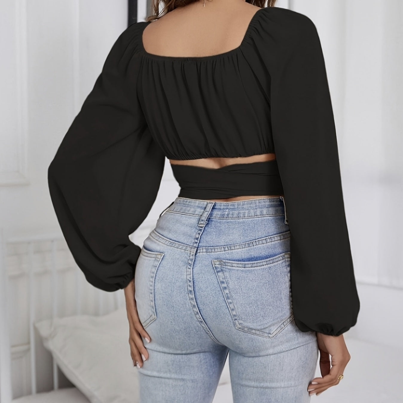 Ladies' Fashionable And Sexy Long Sleeved Lace Up Short Top Korean Retro Slim Fit Bubble Sleeve Personalized Square Neck Shirt Solid Color Slimming - kinko