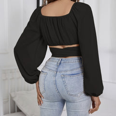 Ladies' Fashionable And Sexy Long Sleeved Lace Up Short Top Korean Retro Slim Fit Bubble Sleeve Personalized Square Neck Shirt Solid Color Slimming - kinko