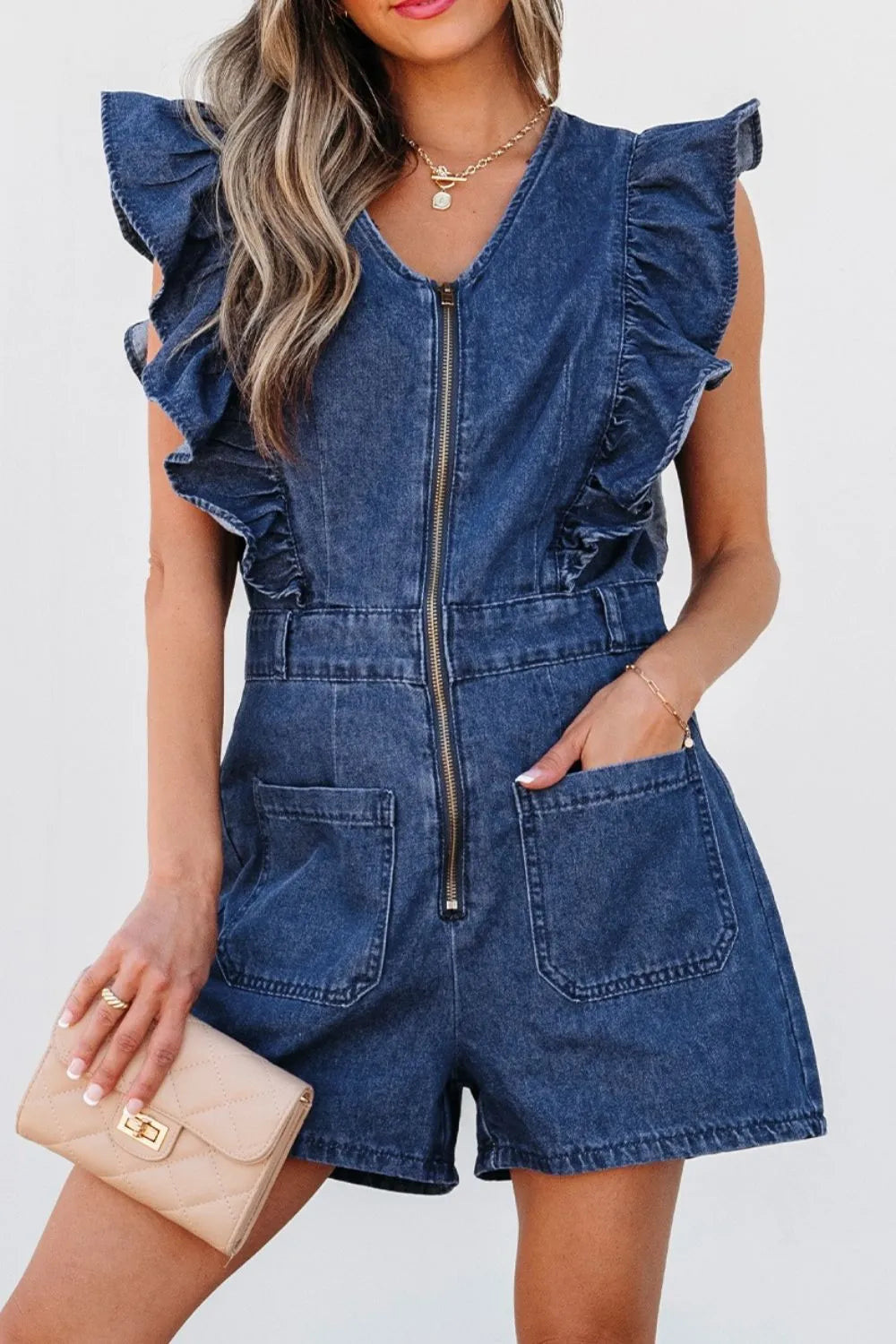 Denim Ruffled Zipped Front Belted Romper - kinko