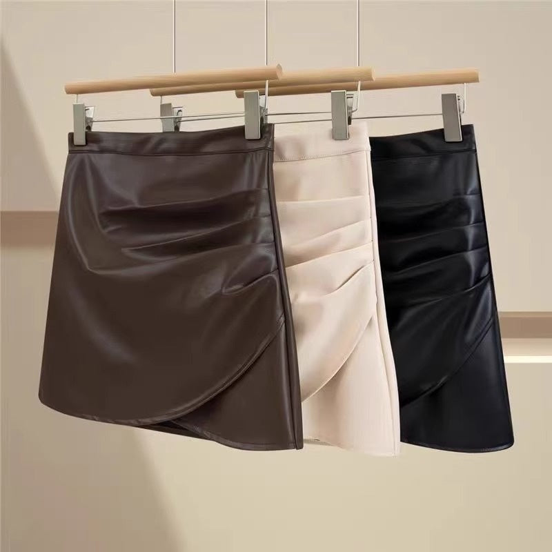 Black Small Leather Skirt Women's Springautumnwinter High Waist Ruffle Hip Short Skirt - kinko