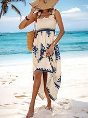 Smocked Printed Wide Strap Maxi Dress - kinko