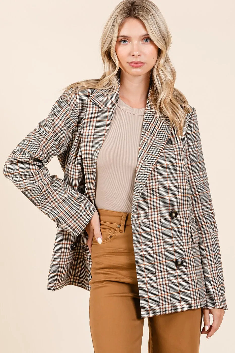 Mittoshop Plaid Double Breasted Relaxed Fit Blazer - kinko