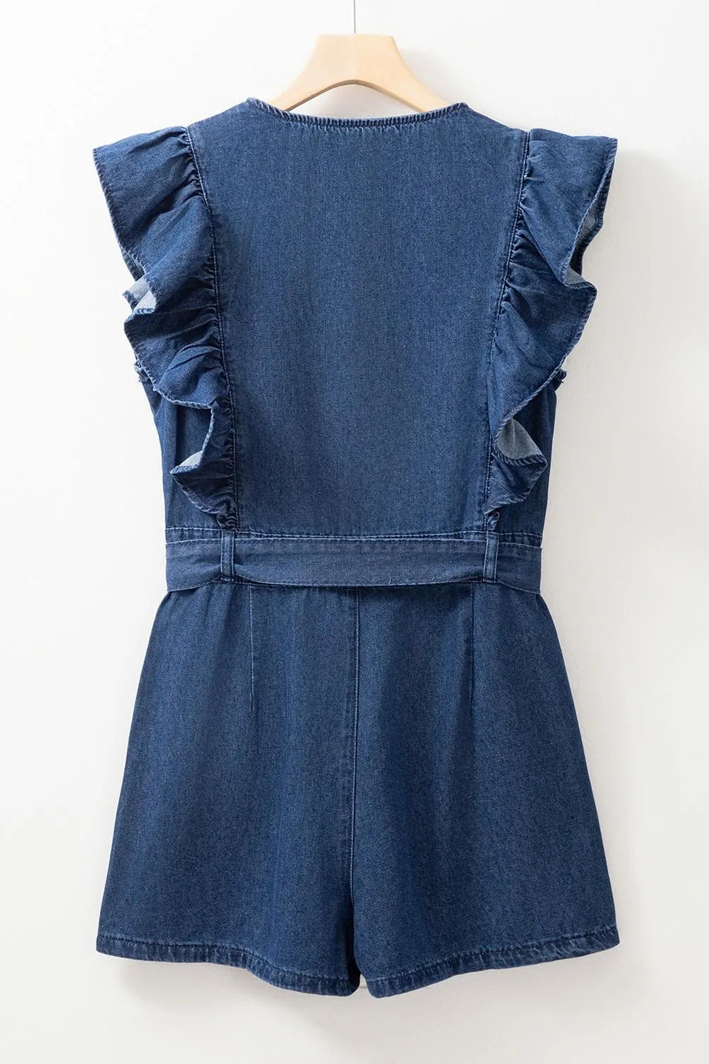 Denim Ruffled Zipped Front Belted Romper - kinko