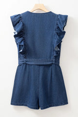 Denim Ruffled Zipped Front Belted Romper - kinko