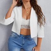 Women's Cropped Blazers Collarless 3 4 Sleeve Open Front Lightweight Cardigan Casual Work Office Suit Blazer Jackets