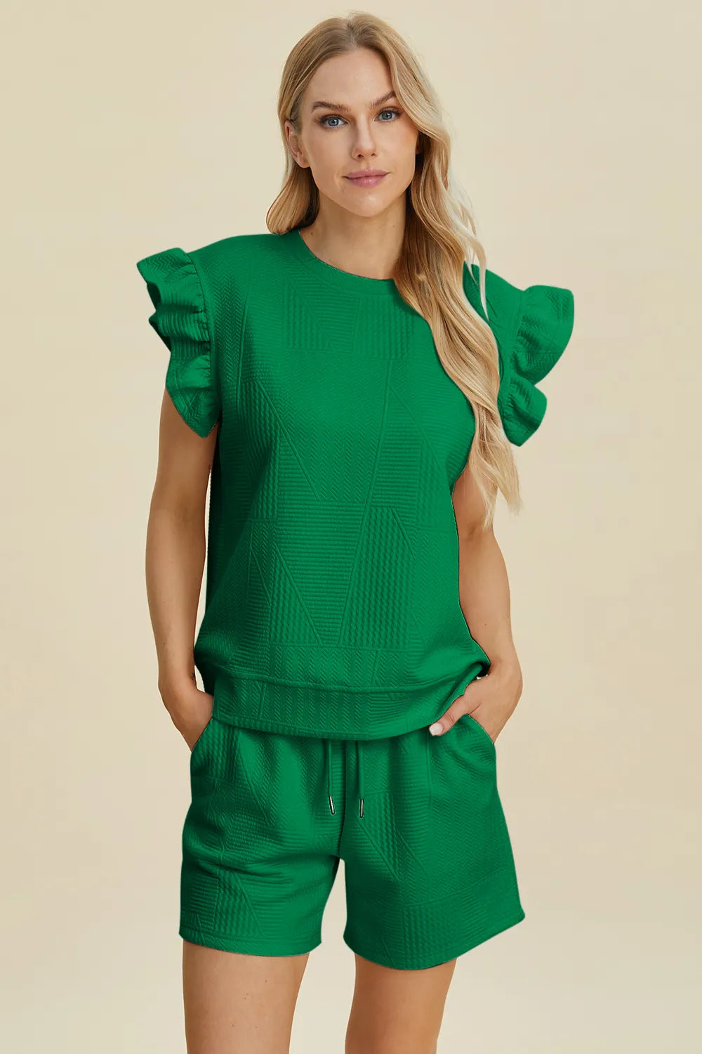 Double Take Full Size Texture Round Neck Ruffle Sleeve Top and Shorts Set - kinko