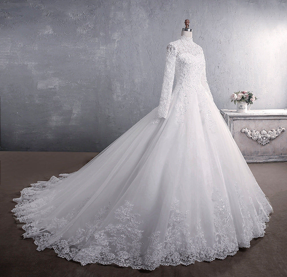 Lace Wedding Dress Bridal Stand-up Collar Long-sleeved Large Tail Large Size - kinko