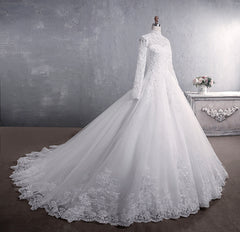 Lace Wedding Dress Bridal Stand-up Collar Long-sleeved Large Tail Large Size - kinko