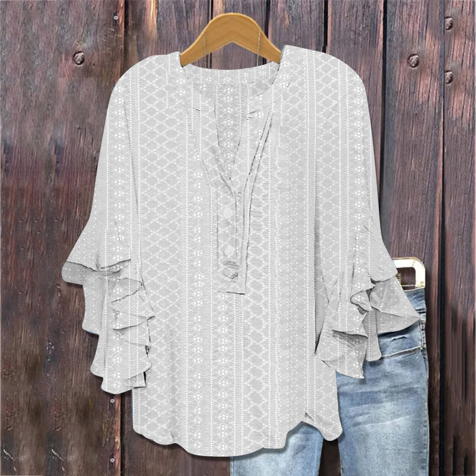 Printed Casual Trend V-neck Flounce Sleeve T-shirt - kinko