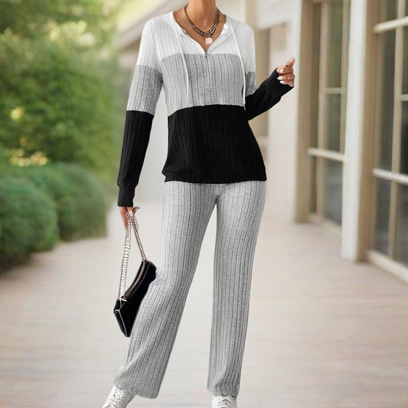 Women's Contracted Design Color-Block Hooded Sweatsuit Set - Long Sleeve Zip-Up Hoodie With Wide-Leg Lounge Pants - kinko