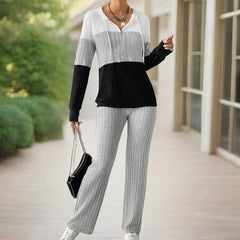 Women's Contracted Design Color-Block Hooded Sweatsuit Set - Long Sleeve Zip-Up Hoodie With Wide-Leg Lounge Pants - kinko