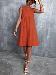 Tiered Round Neck Sleeveless Mini Tank Dress - kinko