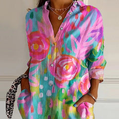 Striped Long-sleeved Shirt Women's Rainbow Cardigan Contrast Color Coat Lapel - kinko