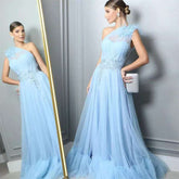 Blue One-shoulder Feather Wedding Dress - kinko
