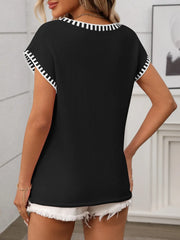 Contrast Trim V-Neck Short Sleeve Knit Top - kinko